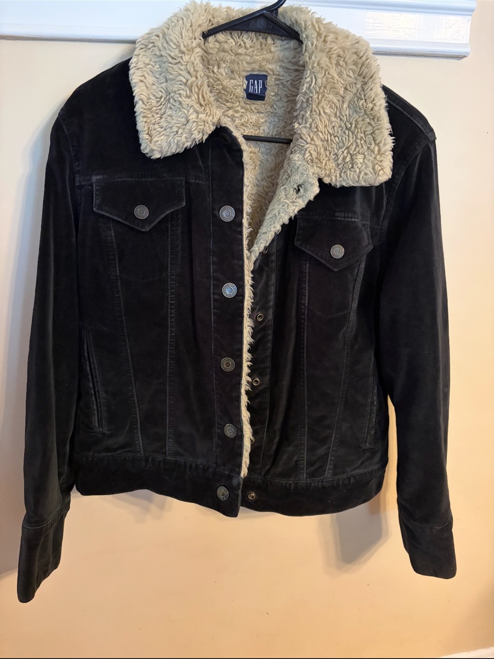 GAP Black Faux-Suede Teddy Jacket with Cream Sherpa Collar